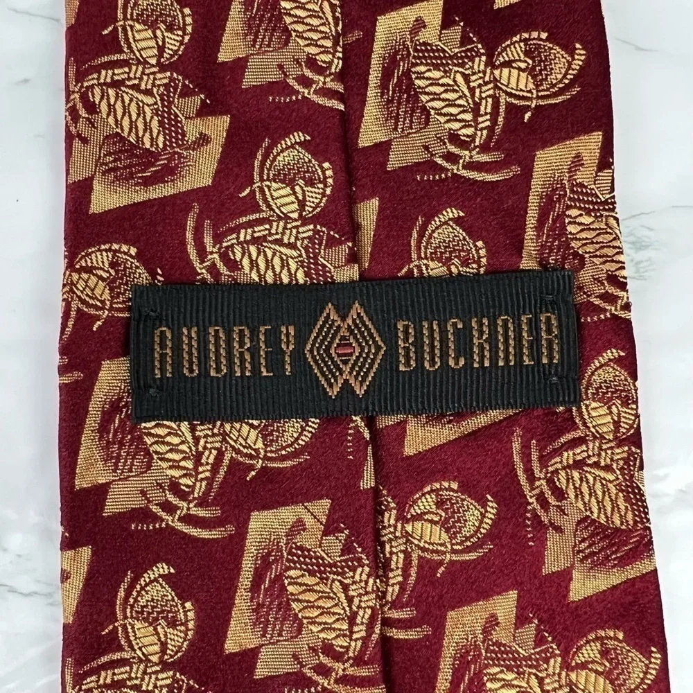 Audrey Buckner Mens Necktie Tie Burgundy Red Gold 100% European Silk Made In USA